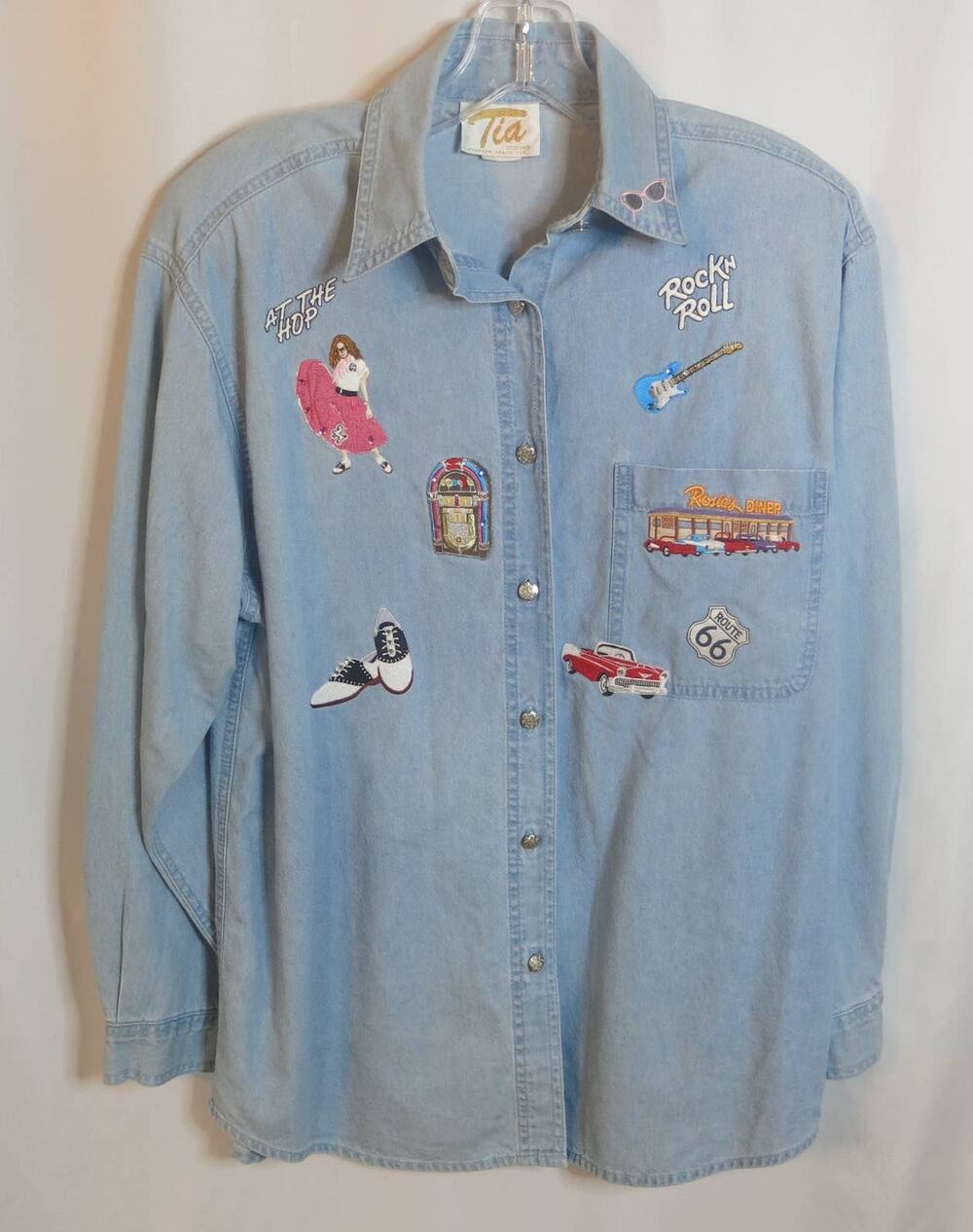VINTAGE TIA DESIGNS Denim Jean Shirt 1950's Theme Size S Women's Rock n Roll